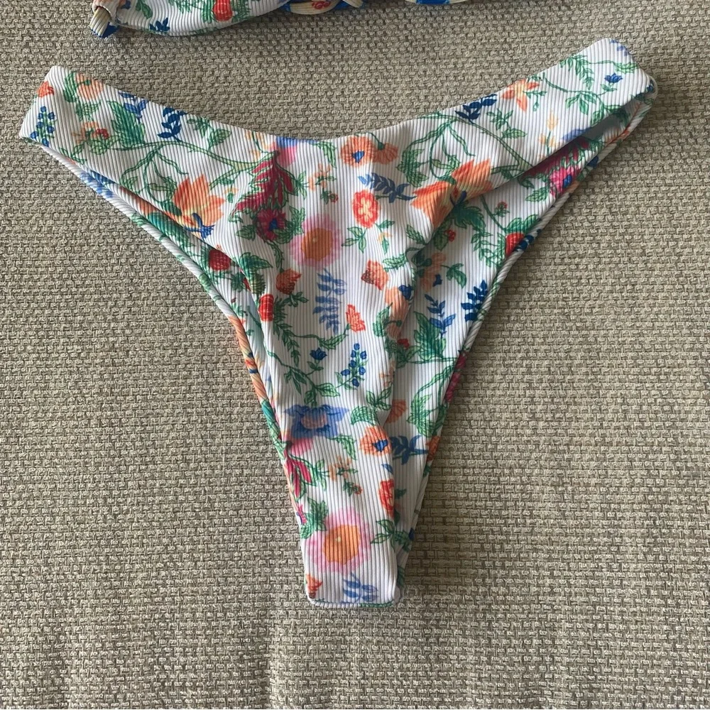 Floral Ribbed Bikini Top & Bottom Set - White with Multicolor Floral Print